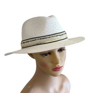 Wide Brim Fedora style Panama White Straw Hat Embellished Bead Metallic Band OS